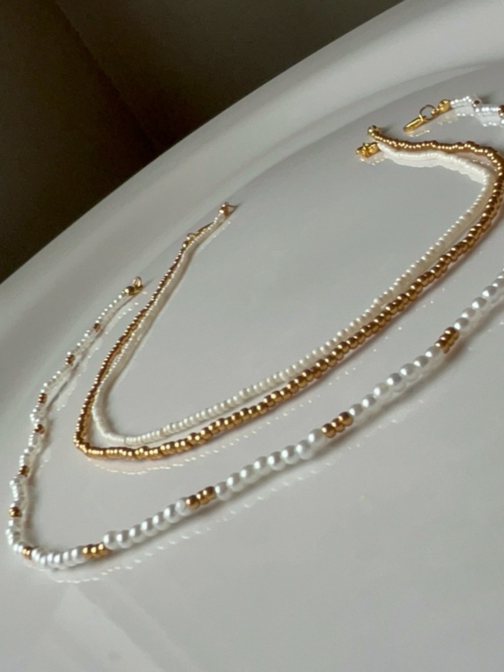 Gold and White Layered Beaded Necklace - Women Jewelry